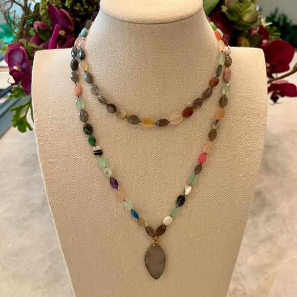 Multi-Colored Gemstone Necklace with Rose Quartz Pendant - Picture 2 of 3